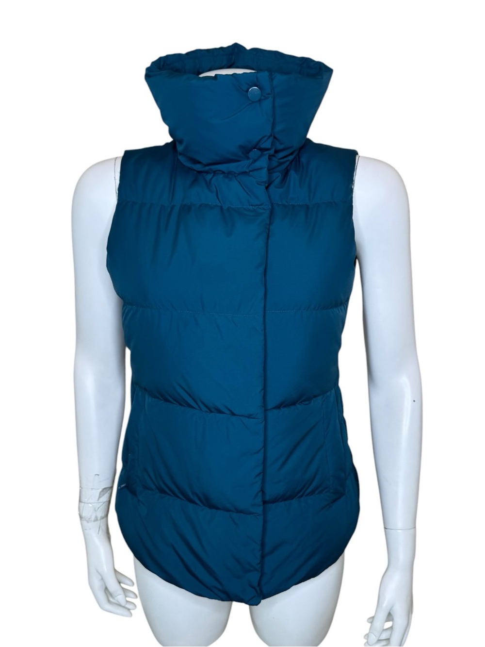 Athleta Downtown Down Puffer Vest XS Teal Blue Zip Snap Insulated